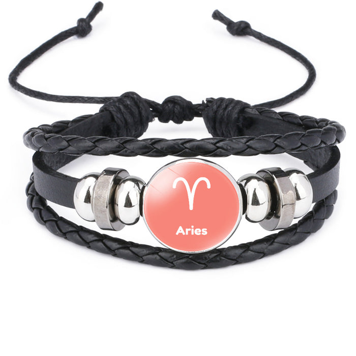 Wholesale Twelve Constellations Time Gemstone Black Leather Multi-layer Braided Bracelet JDC-BT-DMu003