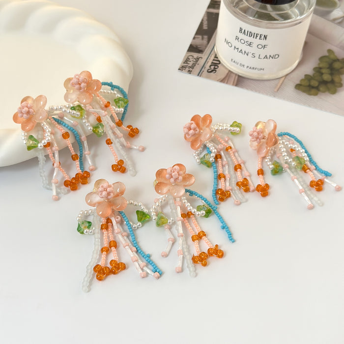 Wholesale Romantic Flower Earrings with tassels, no ear holes, ear clips