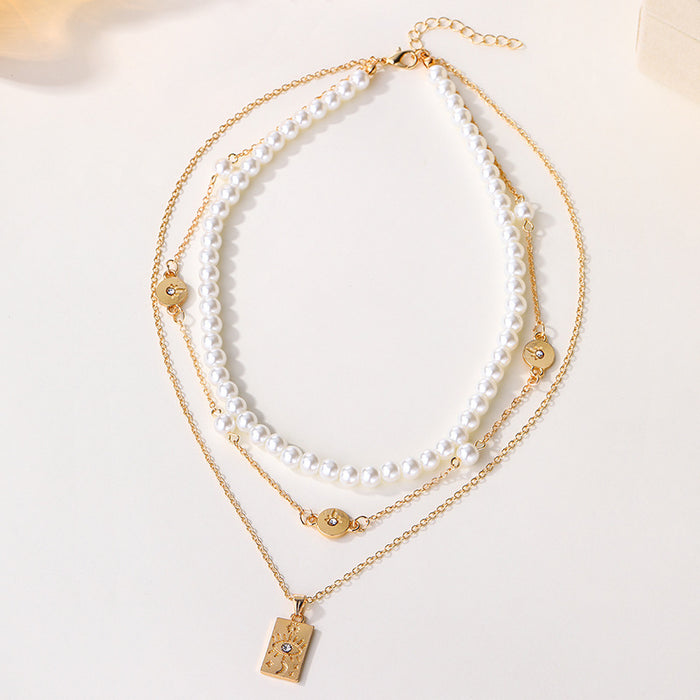Wholesale New Fashion Pearl Chain Stacked Necklace Geometric Eye Pendant