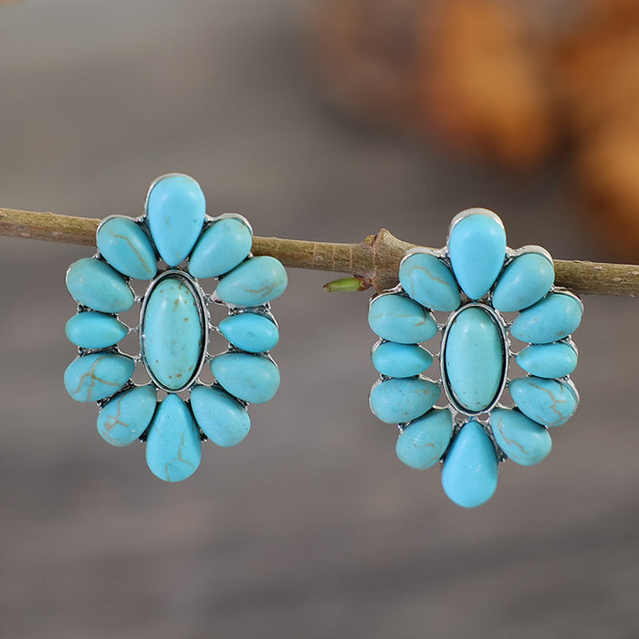 Wholesale Fashionable new alloy turquoise oil painting earrings with geometric flowers, exaggerated earrings, personalized and creative earrings