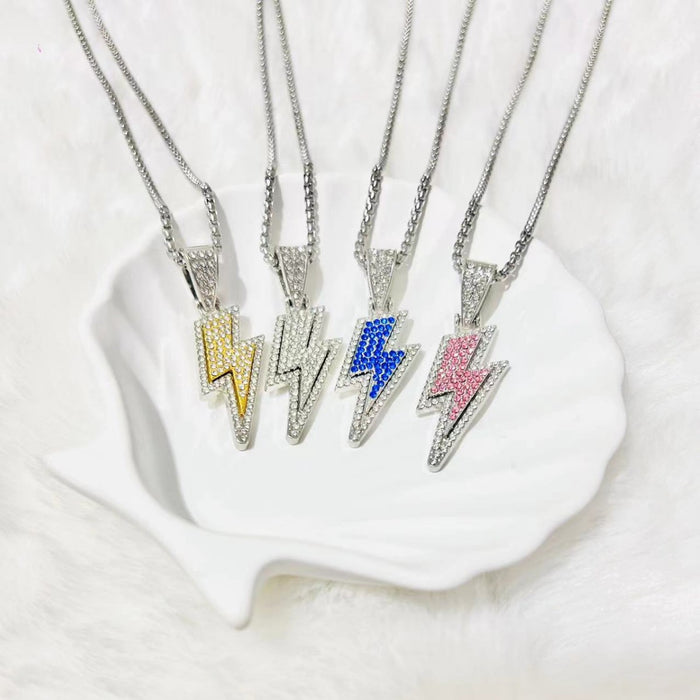 Wholesale New Full Diamond Lightning Pendant Personalized Trendy Jewelry Titanium Steel Necklace Accessories