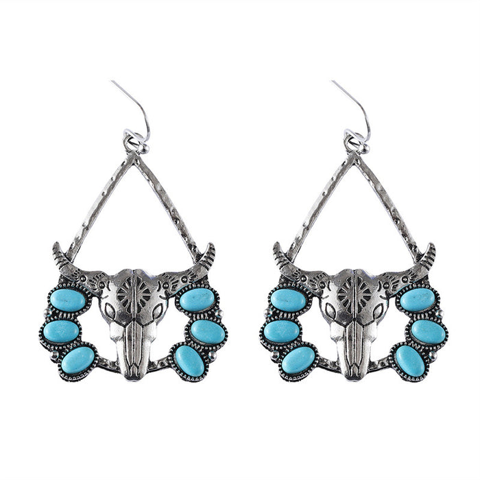 Wholesale Western style bull head tribal turquoise earrings exaggerated retro ethnic style earrings temperament earrings