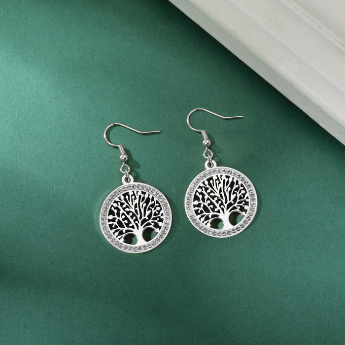 Wholesale Diamond-studded tree round pendant earrings stainless steel women's jewelry
