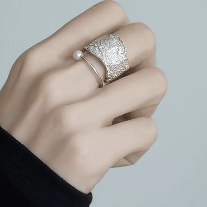 Wholesale Geometric Line Texture Ring Simple Light Luxury Double Layer Niche Silver Plated Open Mouth Food Ring