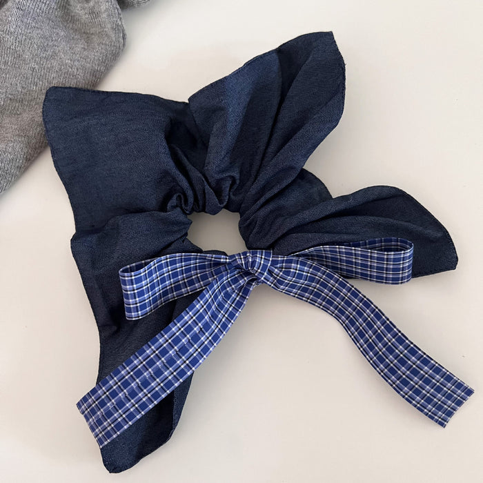 Wholesale A niche retro blue checkered bow square scarf with a low ponytail style, headband, headband, and hair accessories