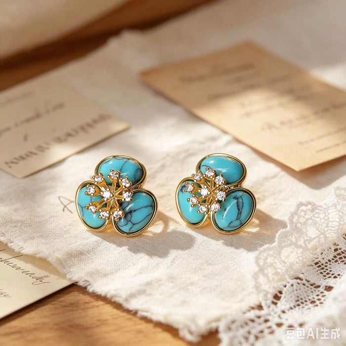 Wholesale Vintage Style Turquoise Inlaid Floral Earrings Copper Gold Plated Fashion Accessory