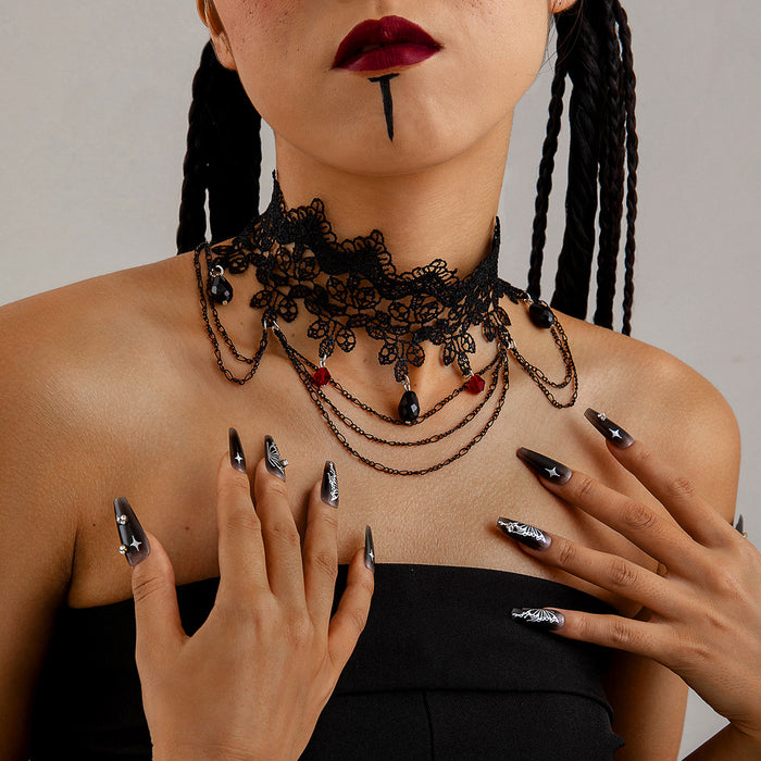 Wholesale Gothic Style Lace Tassel Choker Necklace with Acrylic Bead Pendant MOQ≥2