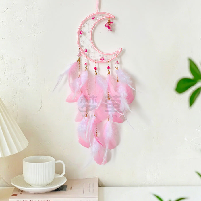 Wholesale Handmade Moon Feather Dream Catcher Macaron Color Decorative Wall Hanging MOQ≥2