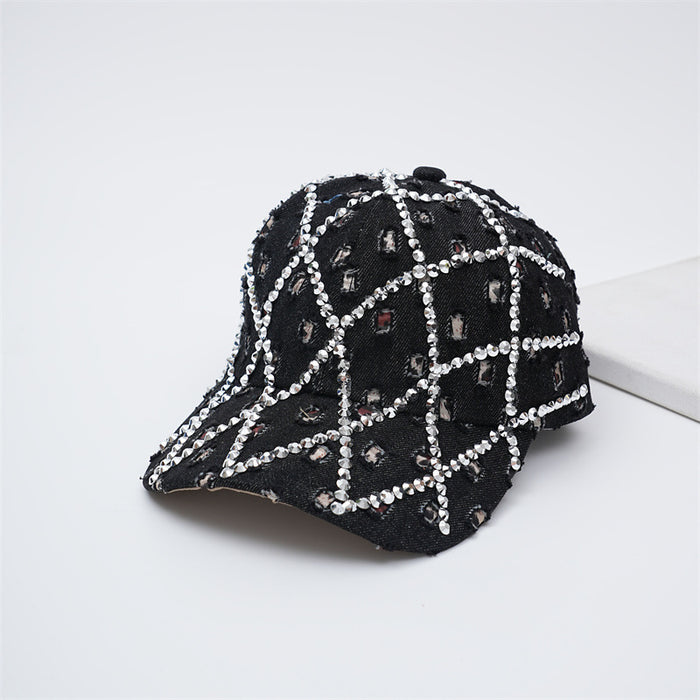 Wholesale Broken hole washed denim cap, dot diamond baseball cap, retro duckbill cap