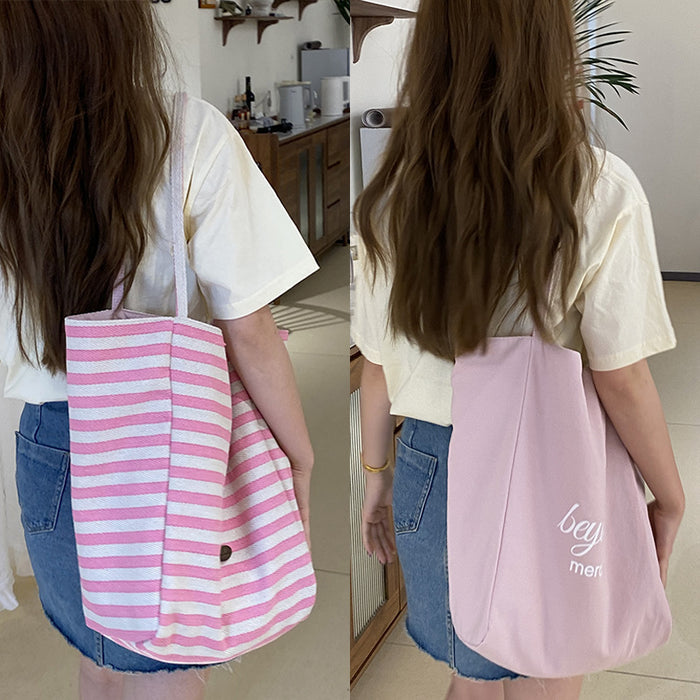 Wholesale Striped canvas bag, casual large capacity, reversible single shoulder tote bag, commuting bag