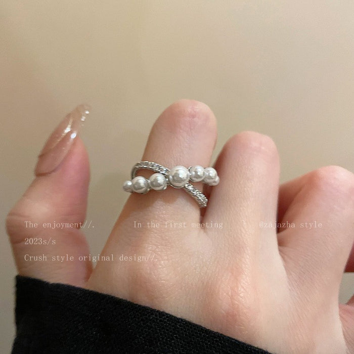 Wholesale Light luxury pearl cross design ring, fashionable and versatile index finger ring, high-end feel, adjustable opening ring
