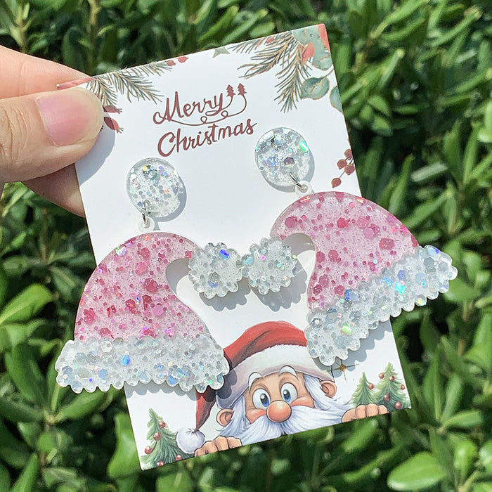 Wholesale Christmas Series Earrings Fashionable Acrylic Pink Shiny Colorful Christmas Hat Earrings