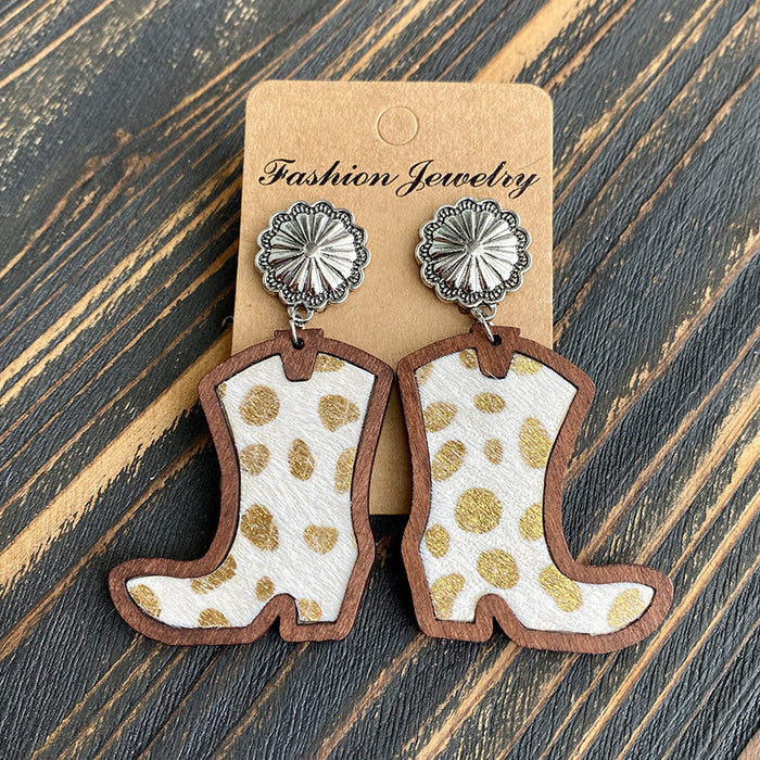 Wholesale Western Denim boots earrings classic leopard leather inlaid wood texture earrings