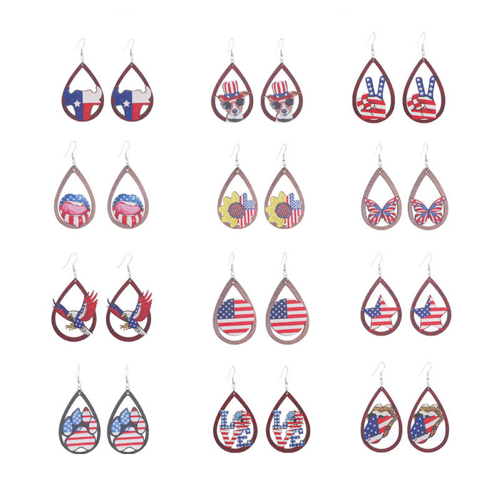 Wholesale American Independence Day Printed Wooden Water Drop Earrings JDC-ES-ChouTteng016