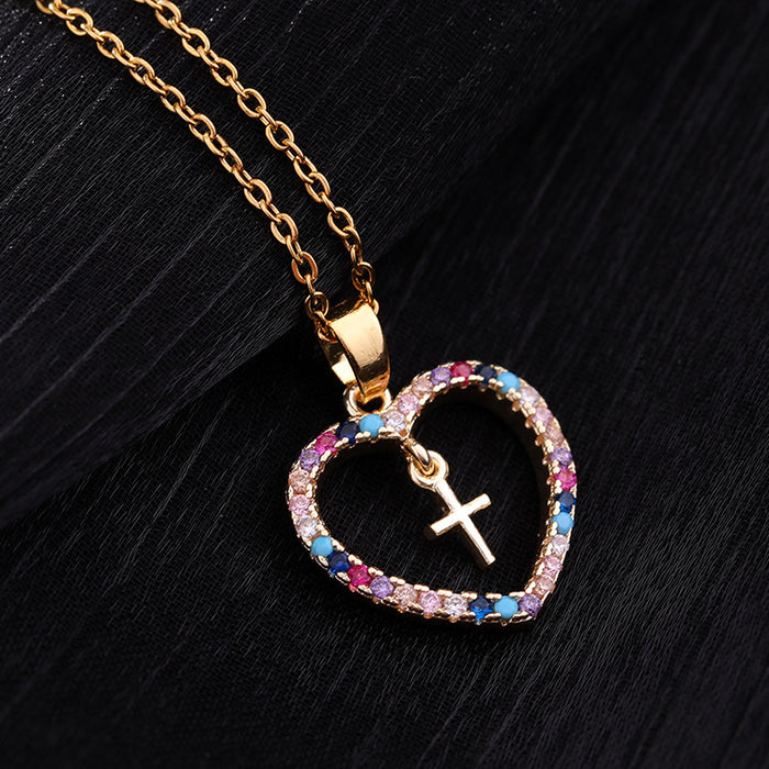 Wholesale  Jewelry Micro-inlaid Color Zircon Geometric Cross Pendant Heart-shaped Necklace