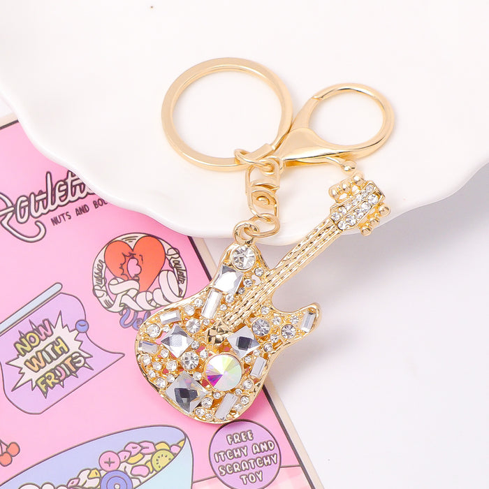 Wholesale Crystal Guitar Keychain Stylish Gift Zinc Alloy Key Ring for Couples Birthday MOQ:4