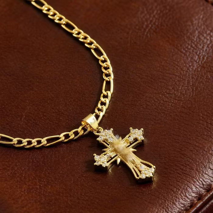 Wholesale Gold Copper Zircon Cross Pendant Hip Hop Men S Necklace Figaro Chain Gift