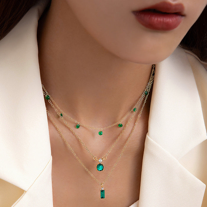 Wholesale Jewelry Color Diamond Pendant Multi-layer Necklace Geometric Imitation Gemstone Inlaid Three-layer Necklace