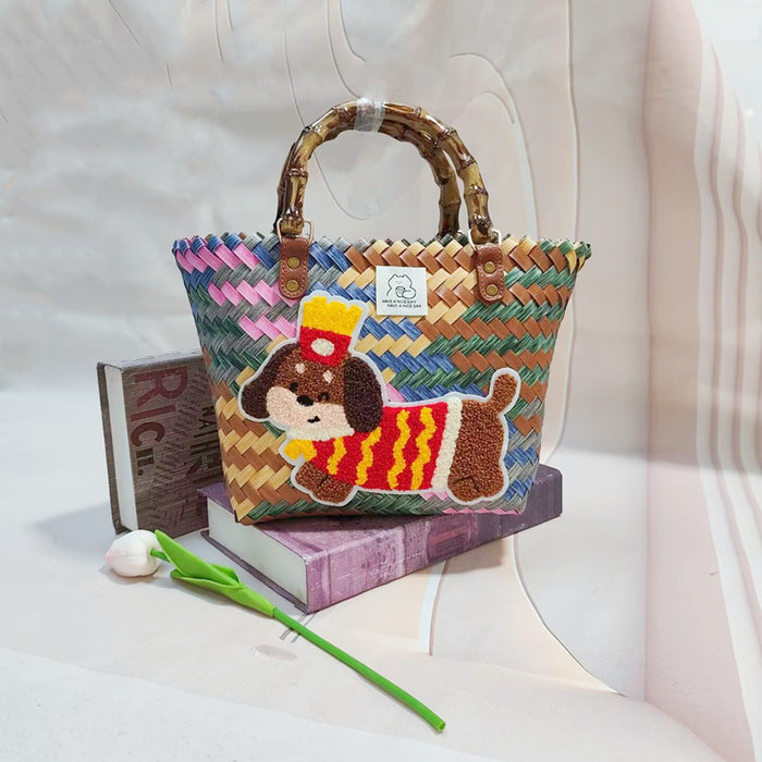Wholesale Woven Basket Bag Shoulder Hand Bag Cute Rattan Cloth Cartoon Woven Bag