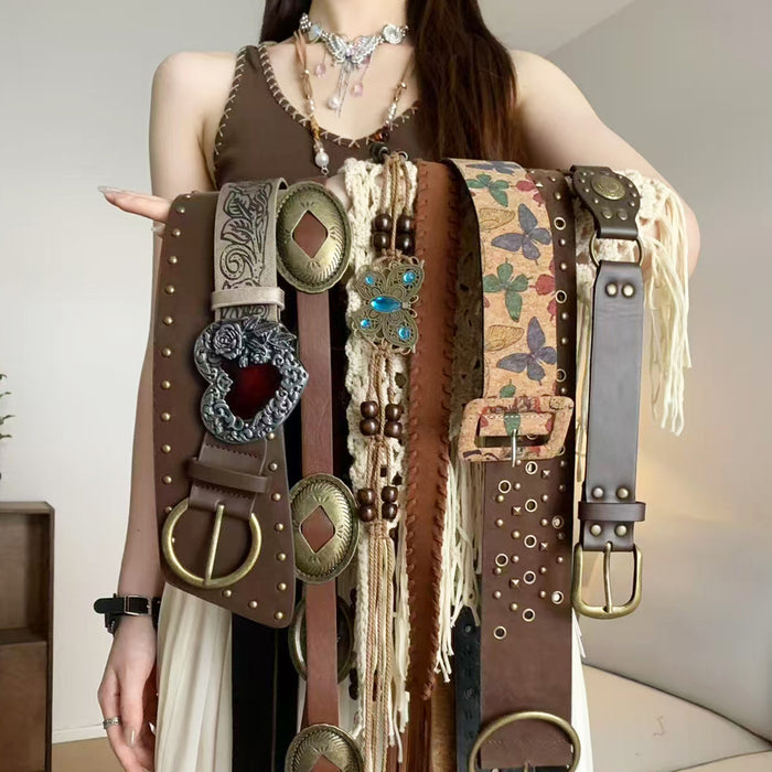 Wholesale Trendy PU Women S Wide Western Belt With Alloy Buckle Bohemian Beaded Camellia Design Vintage Fashion Accessory