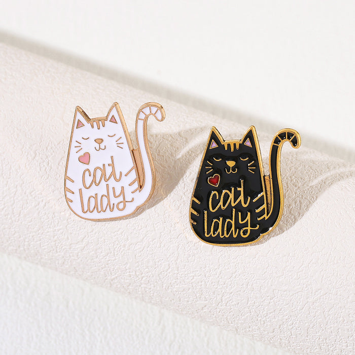 Wholesale Boutique Metal Cat Brooch With Black And White Letter Design Stylish Clothing Pin Accessory For Everyday Wear