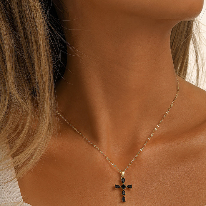 Wholesale Fashionable, trendy, personalized, versatile copper micro inlaid cross, water droplet inlaid diamond necklace accessory
