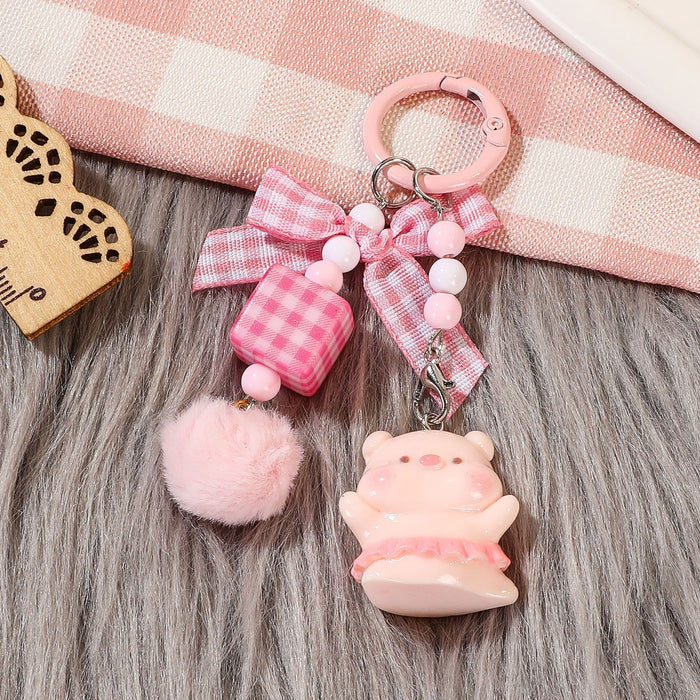 Wholesale Handmade Beaded Pig Keychain Colorful Plush Square Charm Cute Car Key Accessory