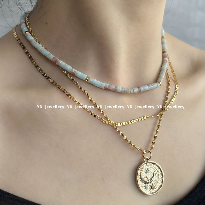 Wholesale Gemstone beaded moonstone patterned green water wave chain star and moon pendant stacked necklace