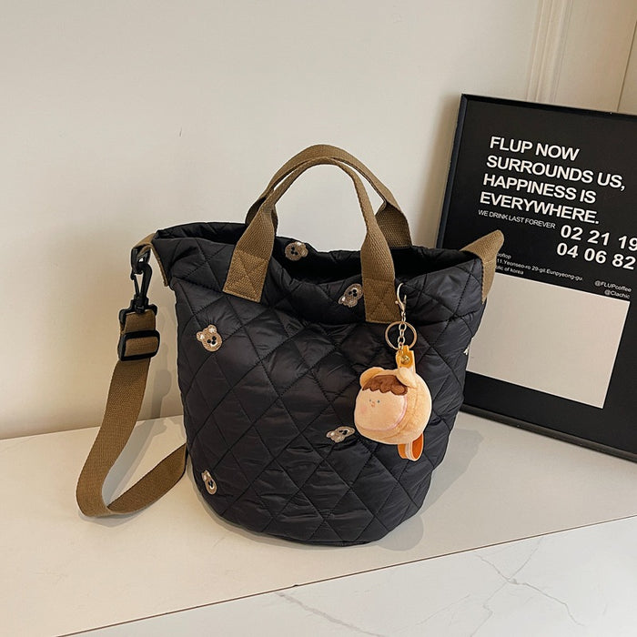 Wholesale Cute Bear Embroidered Large Capacity Portable Bucket Bag Autumn and Winter Rhombic Plaid Cotton-padded Suit Shoulder Bag Trendy Crossbody Bag