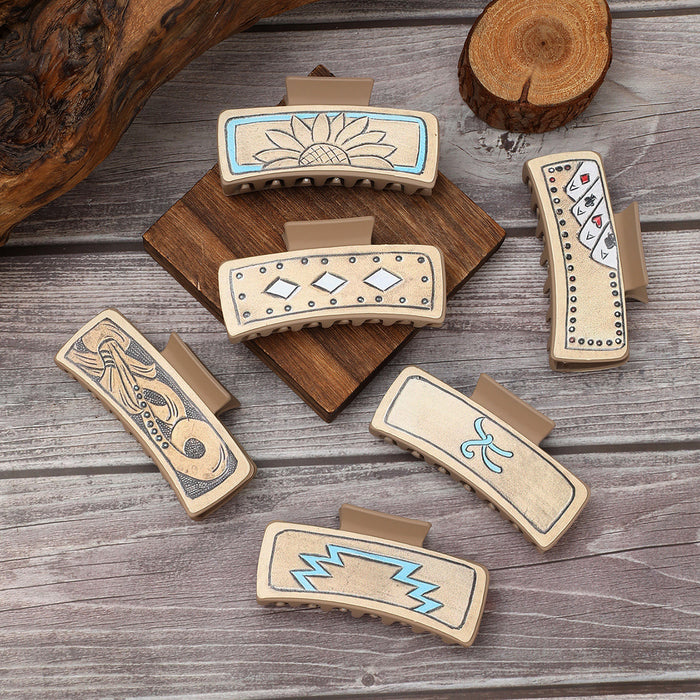 Wholesale Western Denim Leather Hairpin Sunflower Poker Clip Women Shark Clip