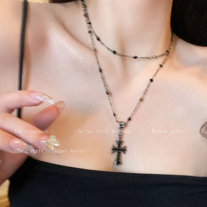 Wholesale Cross necklace, long double layered sweater chain, niche, light luxury, high-end, collarbone chain