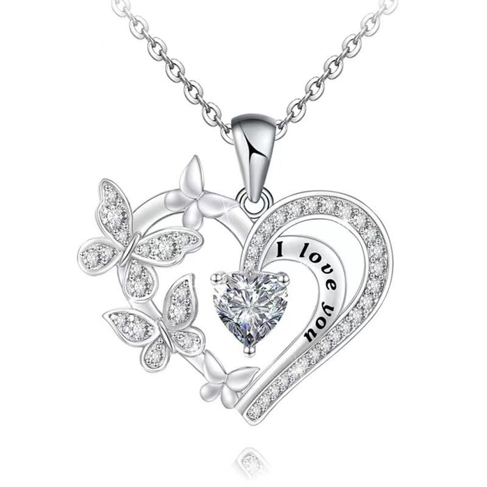 Wholesale " I love you"  heart-shaped butterfly micro-inlaid rhinestone alloy necklace