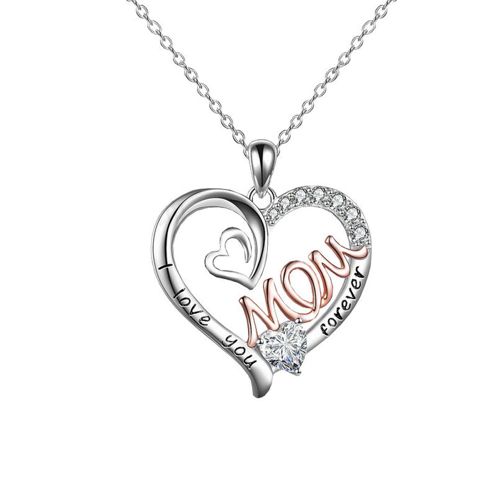 Wholesale Diamond-encrusted heart-shaped double heart " MOM"  letter pendant necklace