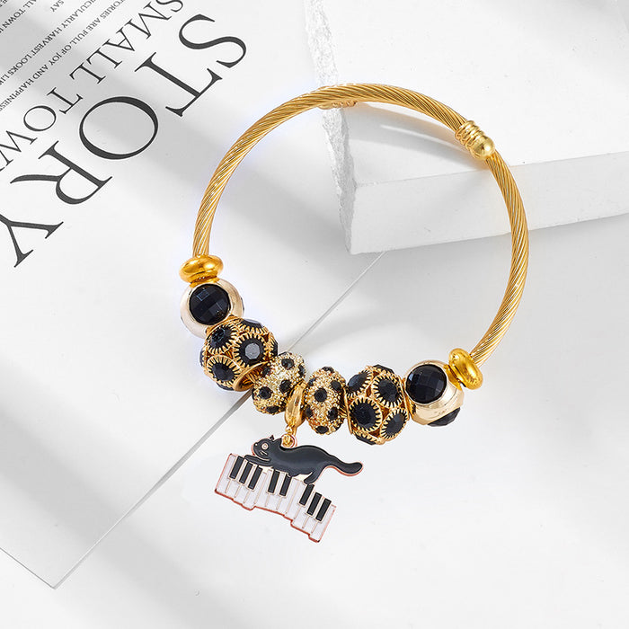 Wholesale Cute Black Cat Design Stainless Steel Bead Bracelet Stylish Jewelry Accessory for Women