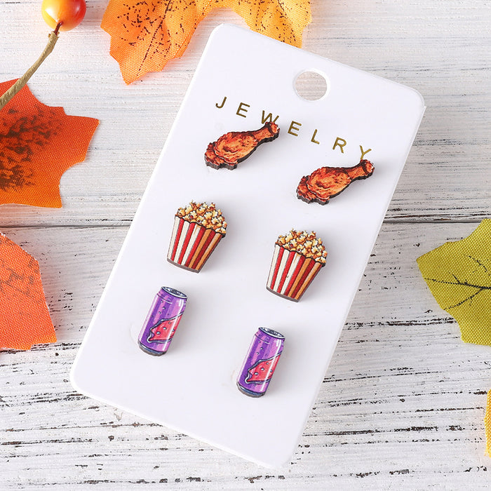 Wholesale Hamburger,  hot dog,  chicken drumstick,  popcorn,  cola food earring set wooden food earrings