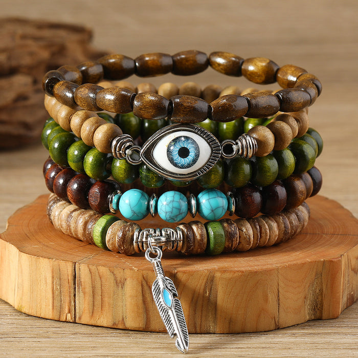 Wholesale Evil eye turquoise and feather 5-piece set wooden bead stretch bracelet