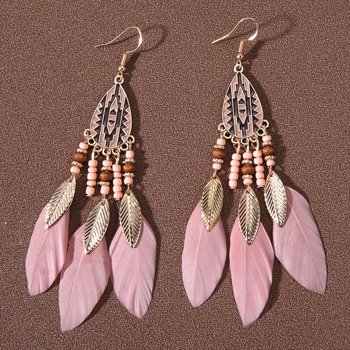 Wholesale Water Drop Tassel Feather Earrings Women's Long Bohemian Rice Beads Earrings Tourism Vacation Accessories