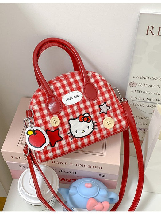 Wholesale Wool red plaid embroidered handbag,  kitten shoulder bag,  crossbody bag