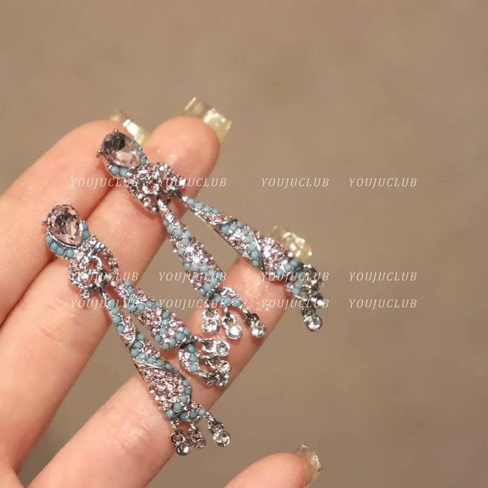Wholesale Silver Needle Diamond Crystal Diamond Tassel Earrings High Sense Earrings Ethnic Style Retro Earrings