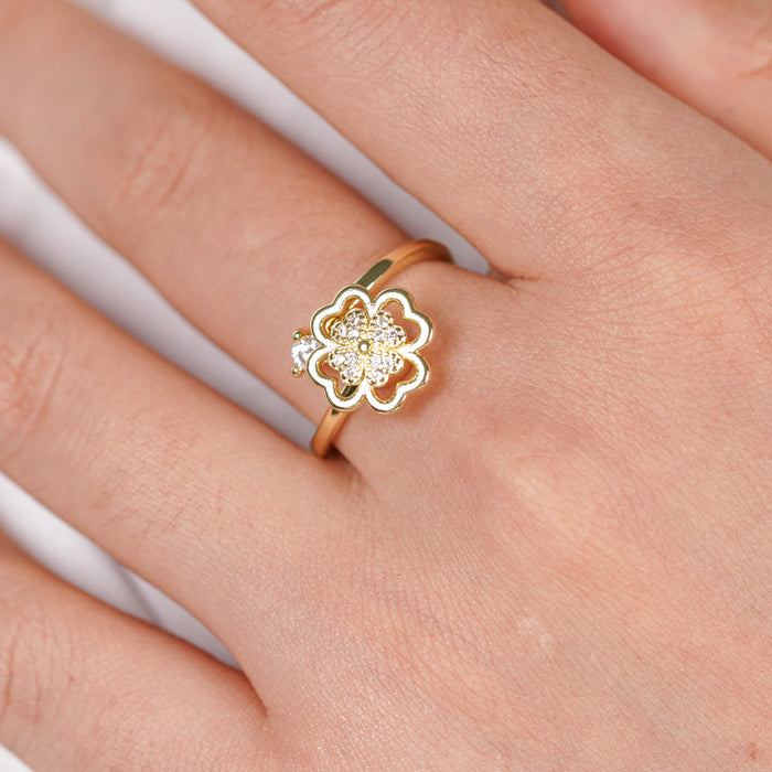 Wholesale Eco-Friendly Copper Plated Four-Leaf Clover Rotating Adjustable Ring