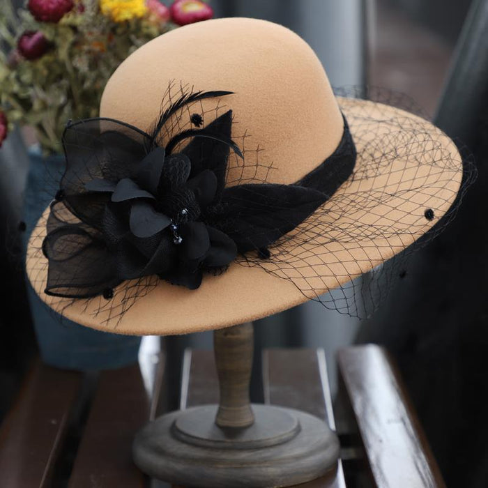 Wholesale Women's Large Brimmed Autumn/winter Woolen Hat Mesh Vintage Black Round Top Pillbox Hat