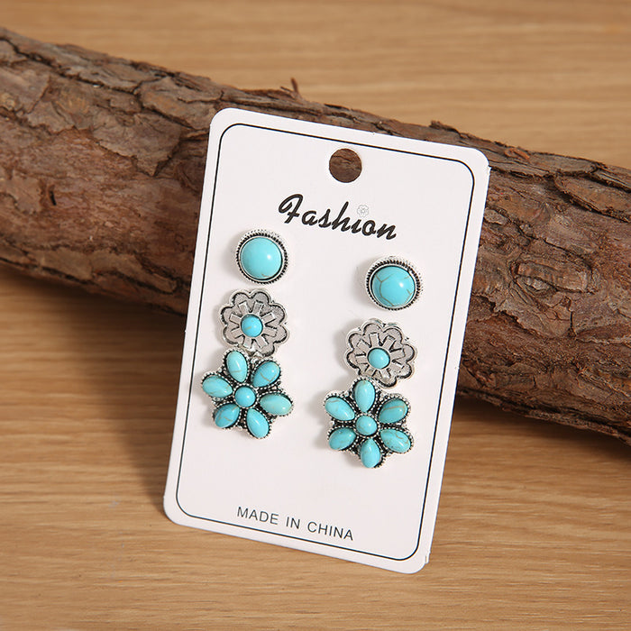 Wholesale Retro Western Style Silver-Tone Alloy Turquoise 3-Piece Earring Set