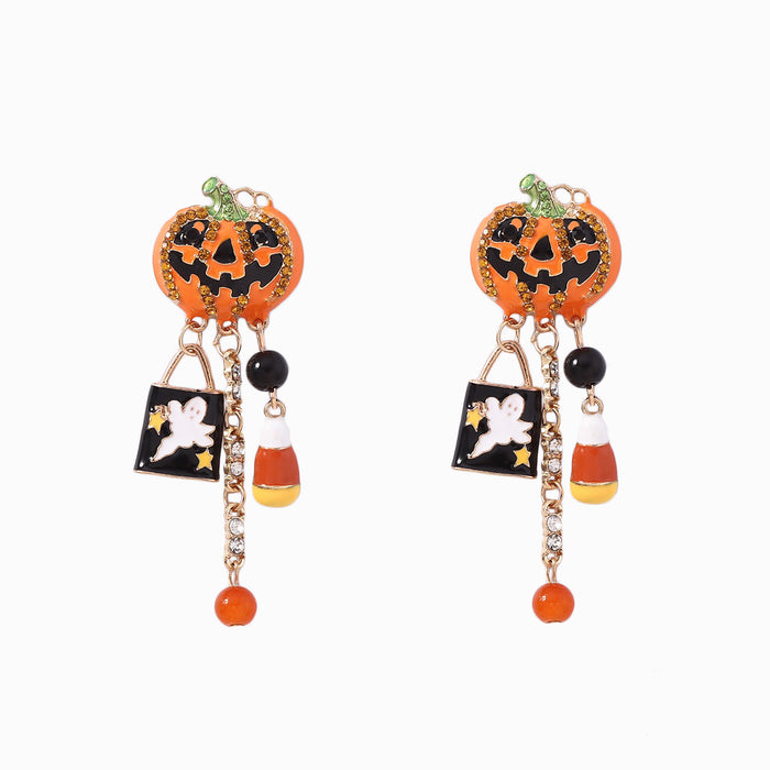 Wholesale Halloween Alloy Inlaid Zircon Pumpkin Skull Tassel Earrings JDC-ES-YueLi025