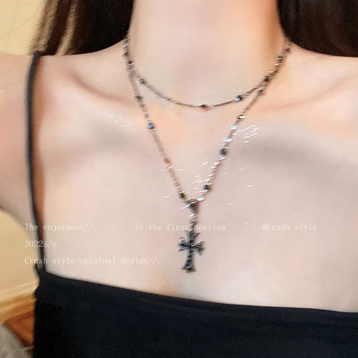 Wholesale Cross necklace, long double layered sweater chain, niche, light luxury, high-end, collarbone chain
