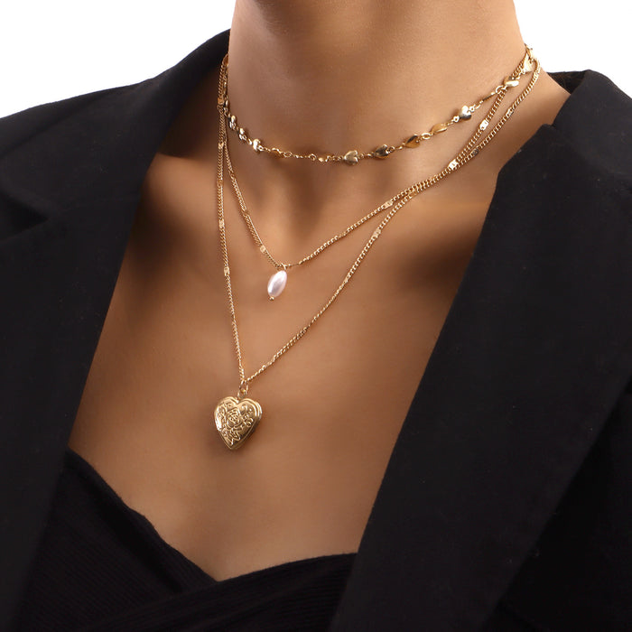 Wholesale Temperament multi-layer heart chain pearl openable heart pendant necklace for women