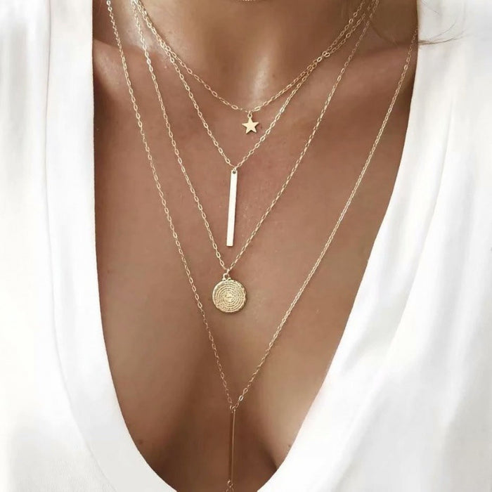 Wholesale Bohemian Multi layer Necklace Personalized Multi layer Small Hard Bar Pendant Collarbone Chain Stacked Wearing