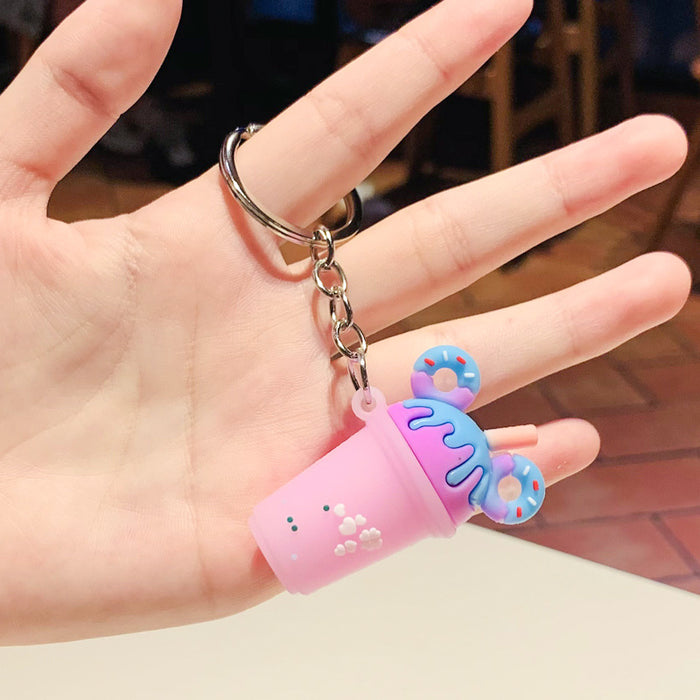 Wholesale Sweet Donut Milk Tea Small Gift PVC Soft Rubber Cute Milk Tea Cup Keychain Car Pendant Bag Hanging Decoration