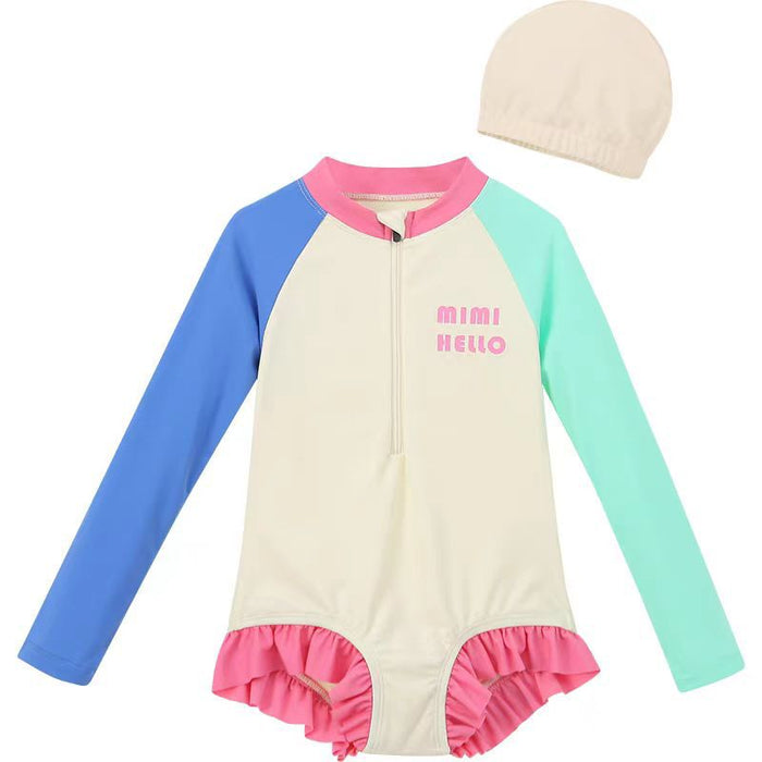 Wholesale Girls' Swimwear Children's Polyester Long Sleeve  Girl Hot Spring Dopamine Color-matching Swimsuit for Vacation