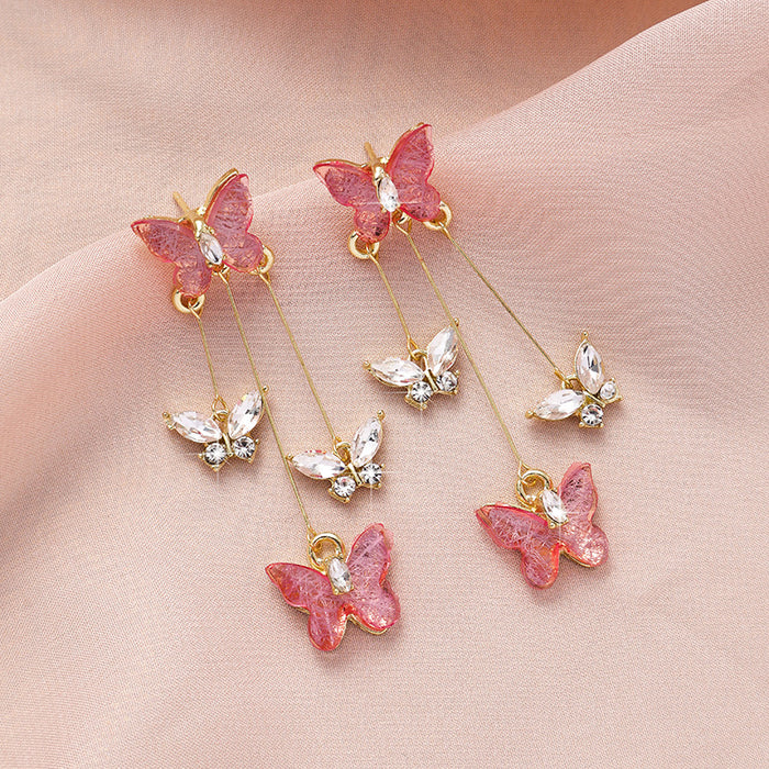 Wholesale Silver needle purple butterfly tassel earrings with a light luxury and high-end feel, sparkling diamond long earrings, retro temperament earrings