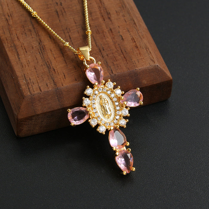 Wholesale Copper Gold Plated Micro-Inlaid Zircon Our Lady Cross Pendant Necklace JDC-NE-BaiTian007